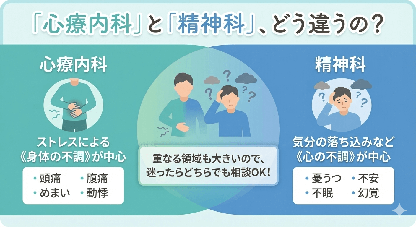 心療内科と精神科の違いを示した図。心療内科はストレスによる身体の不調、精神科は心の不調が中心だが、重なる領域も大きいことを示している。