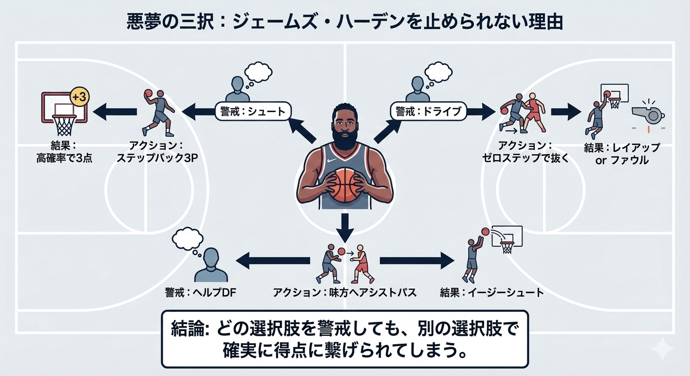 ジェームズ・ハーデンがボールを持つと、ディフェンダーはステップバック3P、ドライブ、アシストパスという3つの選択肢に対応しなければならないことを示す図解。