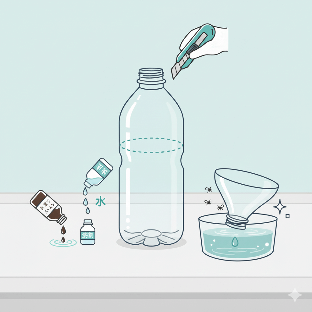 ペットボトルを使った自作コバエ取りの作り方を示す。ペットボトルを切り、めんつゆ・水・洗剤を混ぜ、上部を逆さに差し込んで完成するまでの一連の流れ。