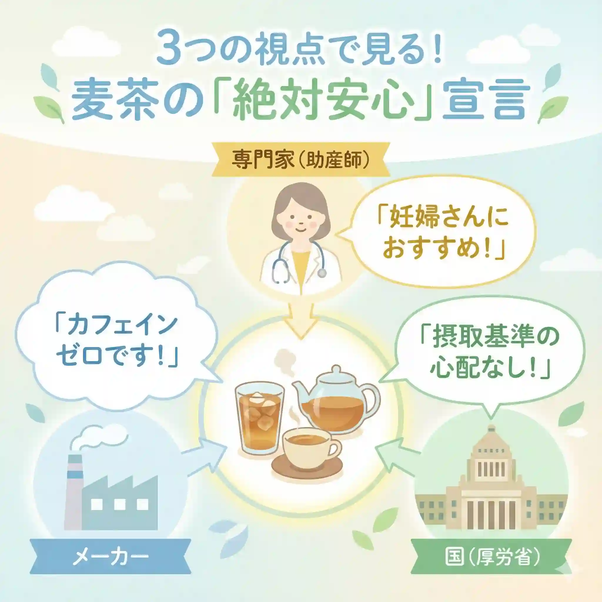 麦茶の安全性を証明する3つの情報源。メーカーは「カフェインゼロ」、専門家は「おすすめ」、国は「心配なし」と示している。