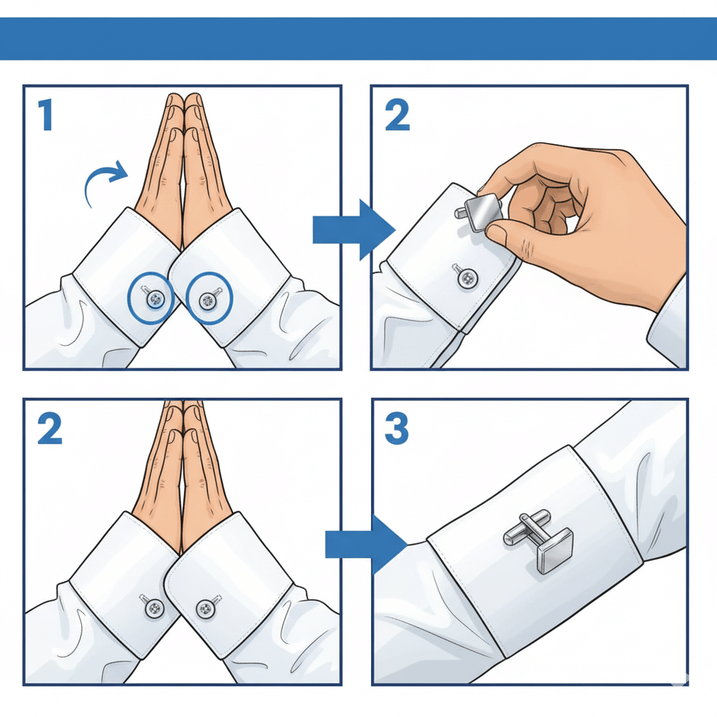 カフスボタンの付け方3ステップ。袖口を合わせ、外側からカフスを通し、留め具を固定する手順を図解。