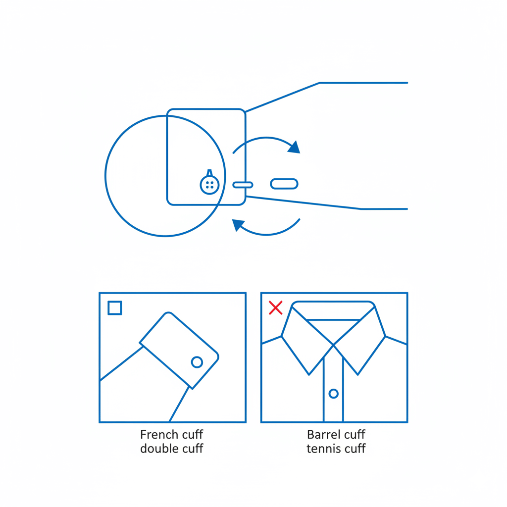 コンバーチブルカフスの構造図解。ボタンの横にボタンホールがある特徴を示し、カフスボタンが装着可能であることを説明している。