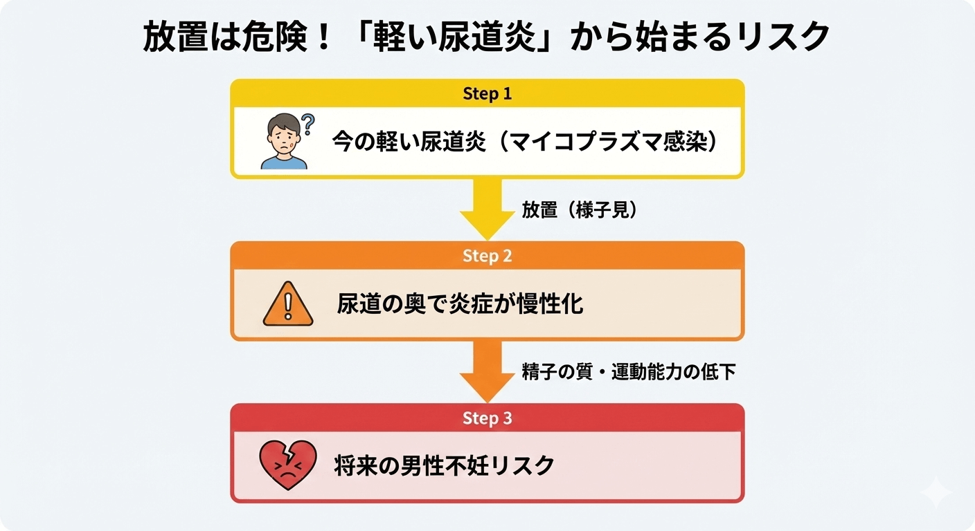 マイコプラズマによる尿道炎を放置した場合のリスク進行図。軽い尿道炎から始まり、放置することで炎症が慢性化し、将来の男性不妊リスクに繋がることを示している。
