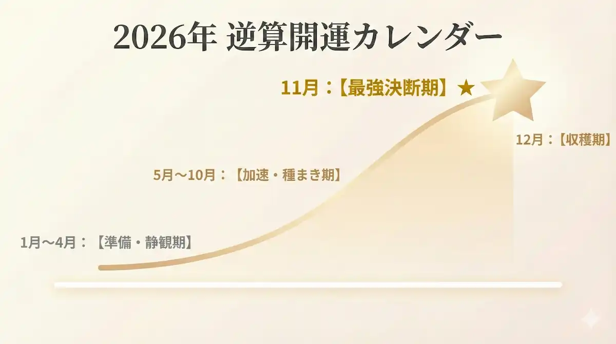 2026年 逆算開運カレンダー 天王星人プラス2026年の月別運勢グラフ。11月の再会月が最高潮となる逆算ロードマップ。