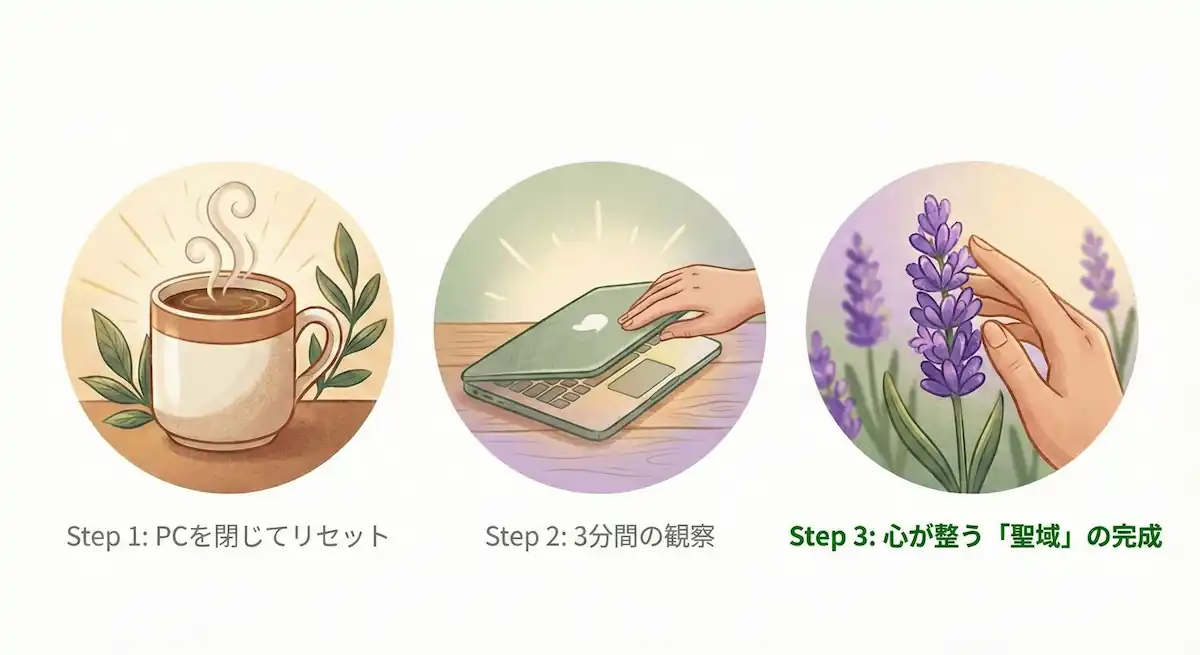 在宅勤務のストレスを解消する「3分ルーチン」のステップ図。PC作業の終了（原因）から、花の観察を通じたリラックス状態（結果）への移行を視覚化している。