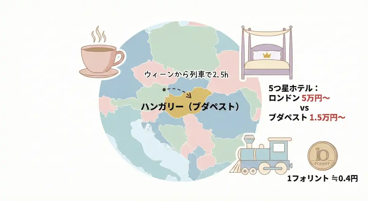 欧州地図上のブダペストの位置と、西欧諸国との物価比較イラスト。