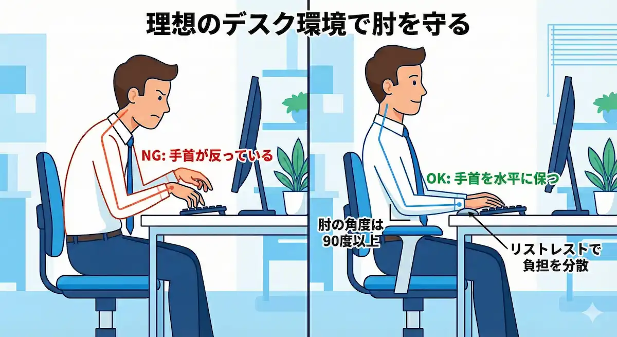 テニス肘を悪化させる悪いタイピング姿勢と、リストレストを使用した正しい姿勢の比較図