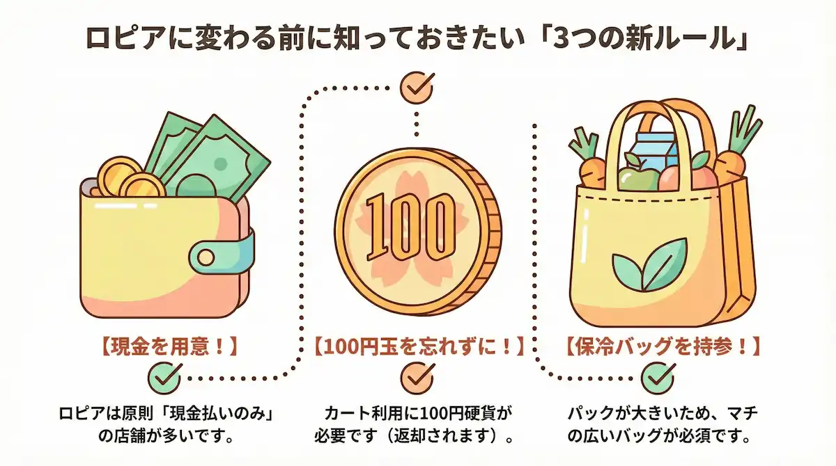 イトーヨーカドーからロピアに変わる際の注意点（現金払い、カート用100円玉、大型保冷バッグ）をまとめた図解。