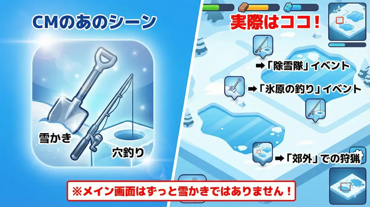 CM要素とゲーム内実装の対照図 ホワイトアウトサバイバルのCMで見られる雪かきや釣りのシーンが、実際のゲーム内では期間限定イベントや特定機能として実装されていることを示す対照図。