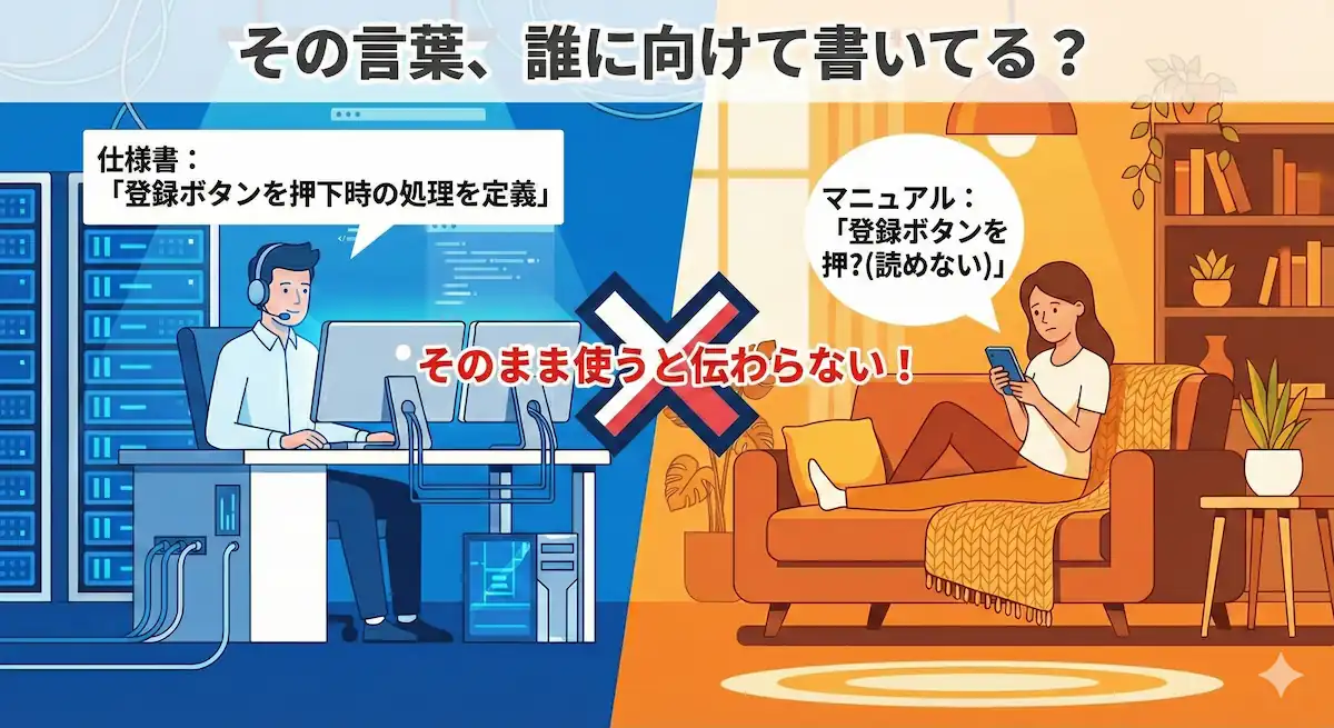 エンジニアが使う仕様書用語の「押下」をそのままユーザー向けマニュアルに使うと、ユーザーが困惑することを示すイラスト。