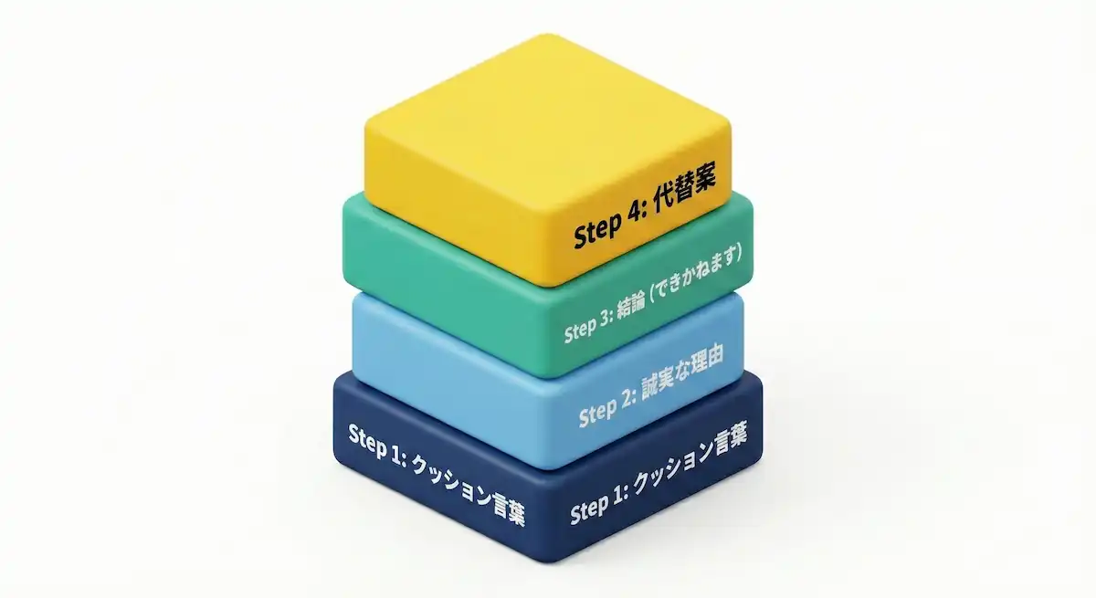 信頼を壊さない断りメールの4ステップ。クッション言葉、理由、結論、代替案の順で構成することを示した図。