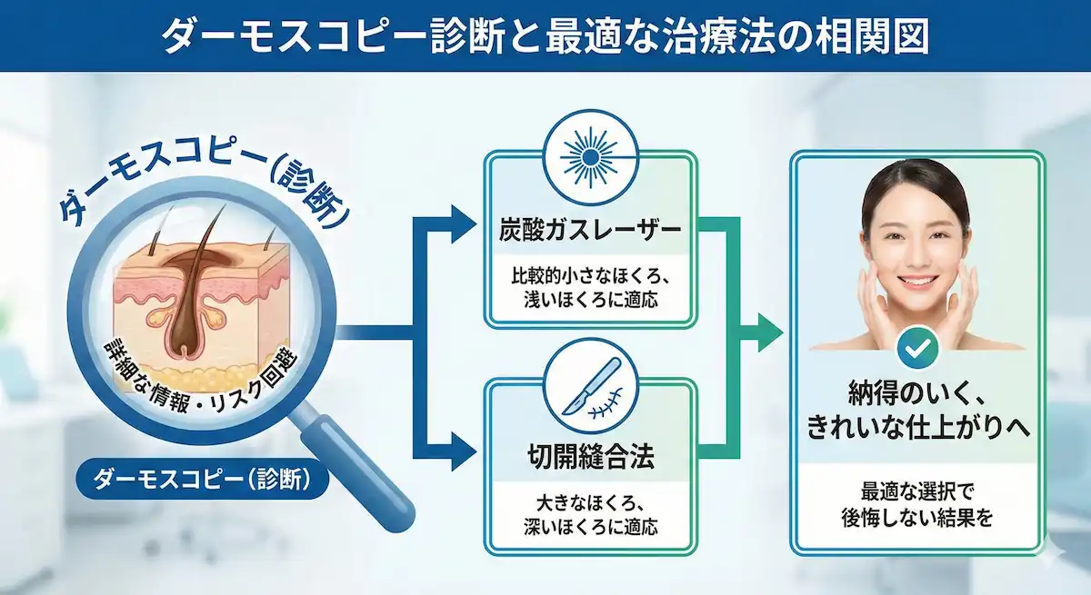 ダーモスコピーと治療の相関図 ダーモスコピー診断と術式選択の論理関係を示すフロー図。「ダーモスコピー(診断エンティティ)」が「炭酸ガスレーザー」または「切開縫合法(治療エンティティ)」の選択を決定する前提条件であることを言語化し、診断ミスという最大の失敗リスクを回避する構造を表現しています。