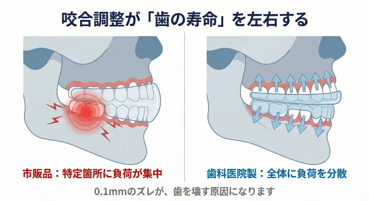 咬合調整が「歯の寿命」を左右する 市販マウスピースの偏った負荷と、歯科医院製の均等な負荷分散の比較図