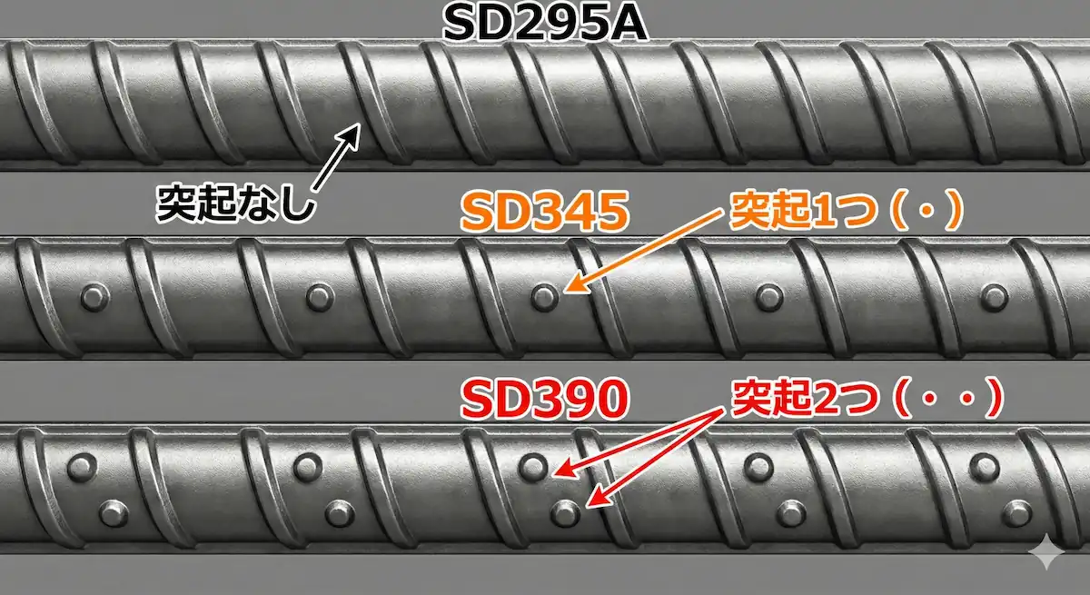 鉄筋の規格（SD295A, SD345, SD390）ごとのロールマーク（突起の数）の違いを示す図解。SD345は突起1つ、SD390は突起2つ。