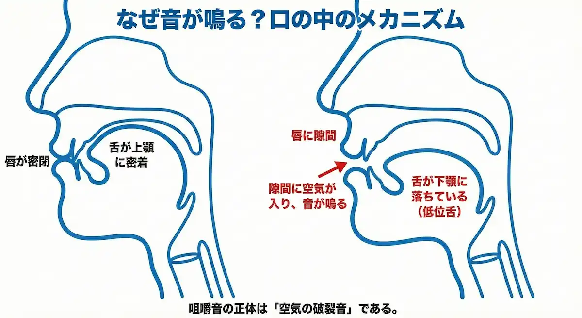 正常な咀嚼と咀嚼音が出る咀嚼の口内構造の比較図。舌の位置と空気の混入が音の原因であることを示している。