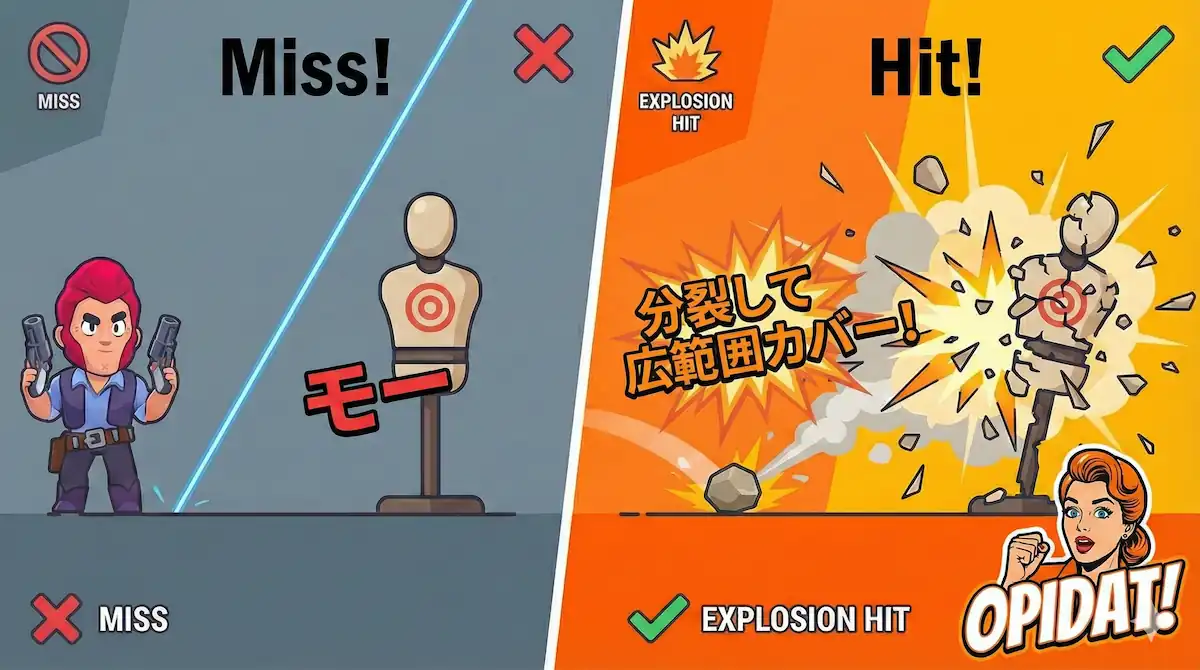 ブロスタのキャラクター「モー」の通常攻撃が分裂して広範囲にヒットする様子と、他キャラの直線的な攻撃を比較した図解。