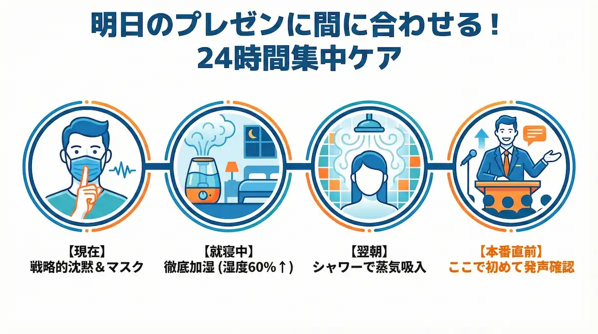 声が出ない時の24時間回復スケジュール。沈黙、マスク、加湿、蒸気吸入のステップを図解。