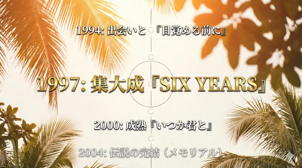 西村理香の1994年から2004年までの活動年表。デビュー作『目覚める前に』から集大成『SIX YEARS』を経てメモリアル版に至るまでの、少女から大人への成長（エンティティ間の時間的推移）を視覚化したインフォグラフィック。