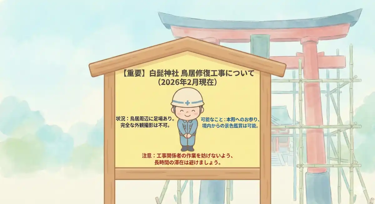 白髭神社の鳥居修復工事に関する注意書き。足場があるため撮影は制限されるが、参拝は可能であることを示す図。