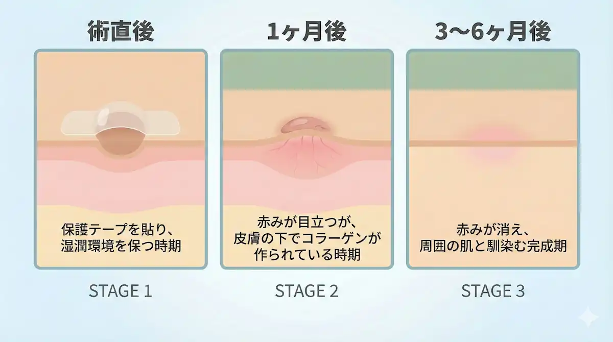 ほくろ除去後の皮膚再生プロセス図解 ほくろ除去後の術直後から6ヶ月後までの皮膚の回復過程を示すイラスト