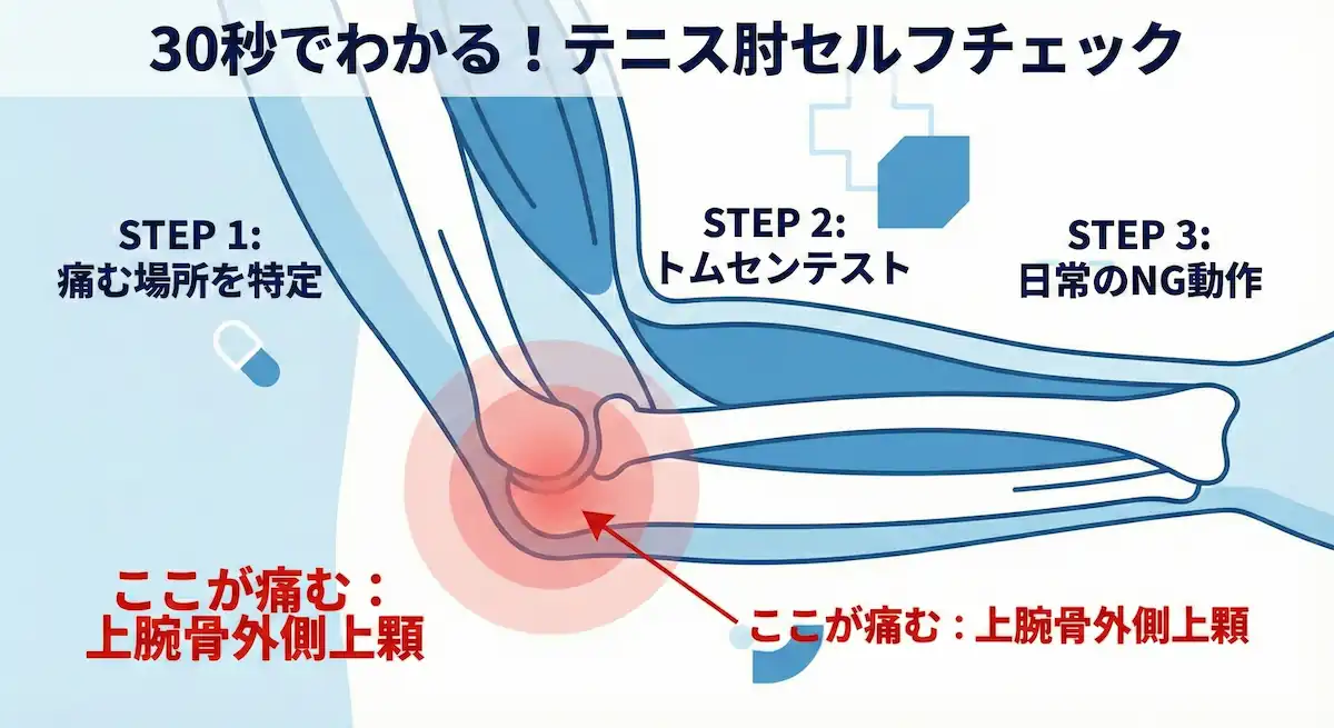 テニス肘の痛みが出る場所と、自己診断のためのトムセンテストのやり方を示す図解イラスト