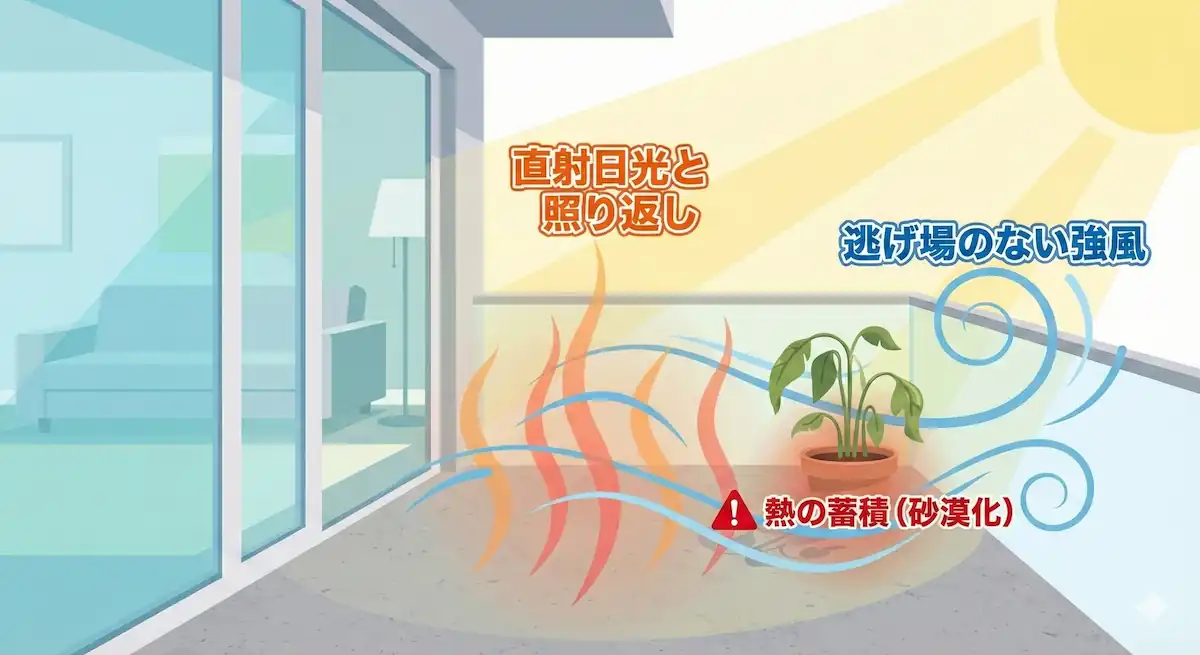 マンションのベランダで植物が枯れる原因である照り返しと強風のメカニズムを示す図解。