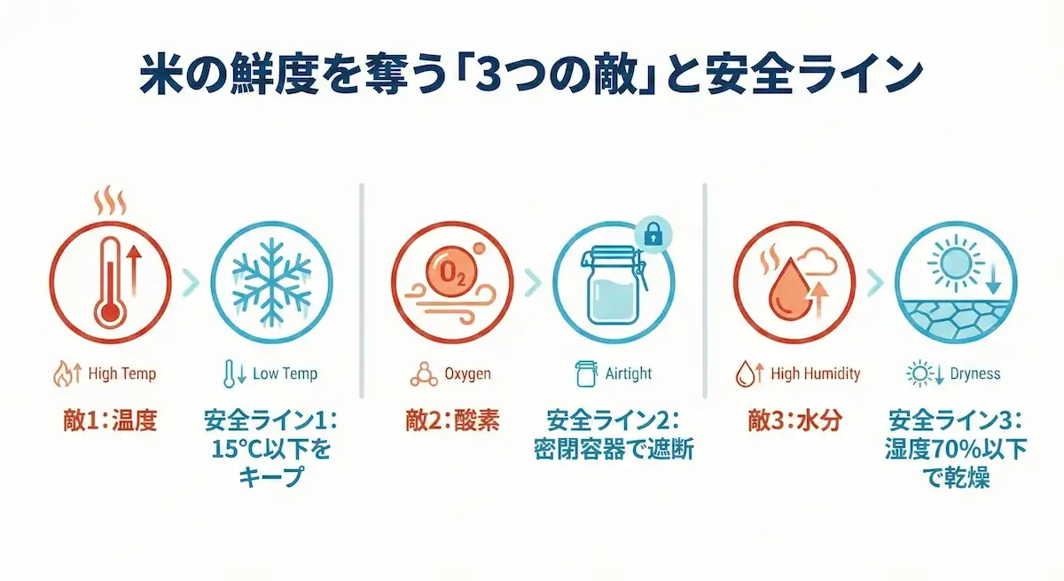 米の劣化の3大要因（温度、酸素、水分）と、それぞれの対策（15℃以下、密閉、乾燥）をアイコンで示した図。米の保存における低温と密閉の重要性を強調している。
