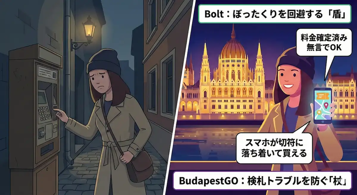 配車アプリBoltと交通アプリBudapestGOを使うことで、タクシーや切符購入のトラブルを回避するフロー図。