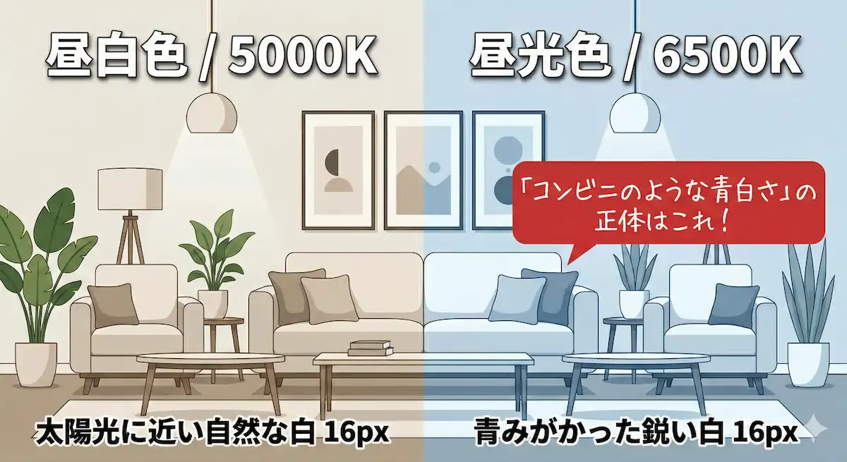 昼白色と昼光色の色温度の違いを比較したイラスト。5000Kの自然な白と6500Kの青白い光の差を示している。