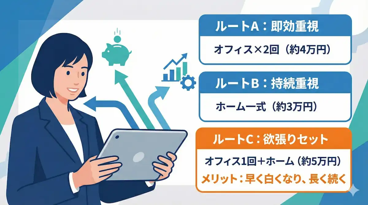 予算5万円以内のホワイトニング・シミュレーション 予算5万円で可能なホワイトニングプランの比較図。オフィス2回、ホーム一式、デュアルの3パターンを紹介。