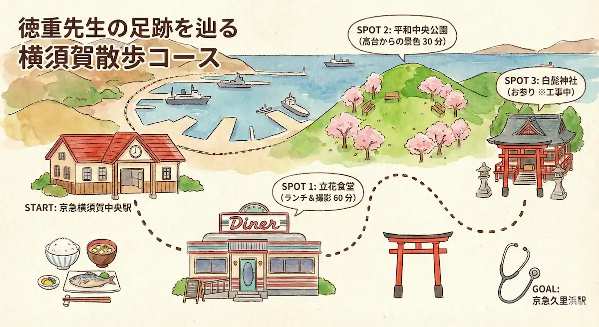 横須賀中央駅から立花食堂、平和中央公園、白髭神社を巡るモデルコースの地図。所要時間と移動手段が記載されている。