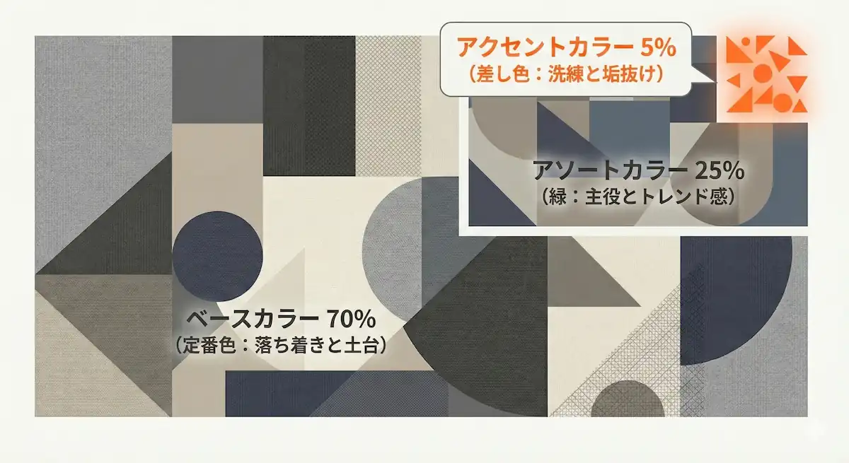 ファッションにおける配色の黄金比70対25対5を示す円グラフ。ベースカラー70%、アソートカラー25%、アクセントカラー5%の構成。