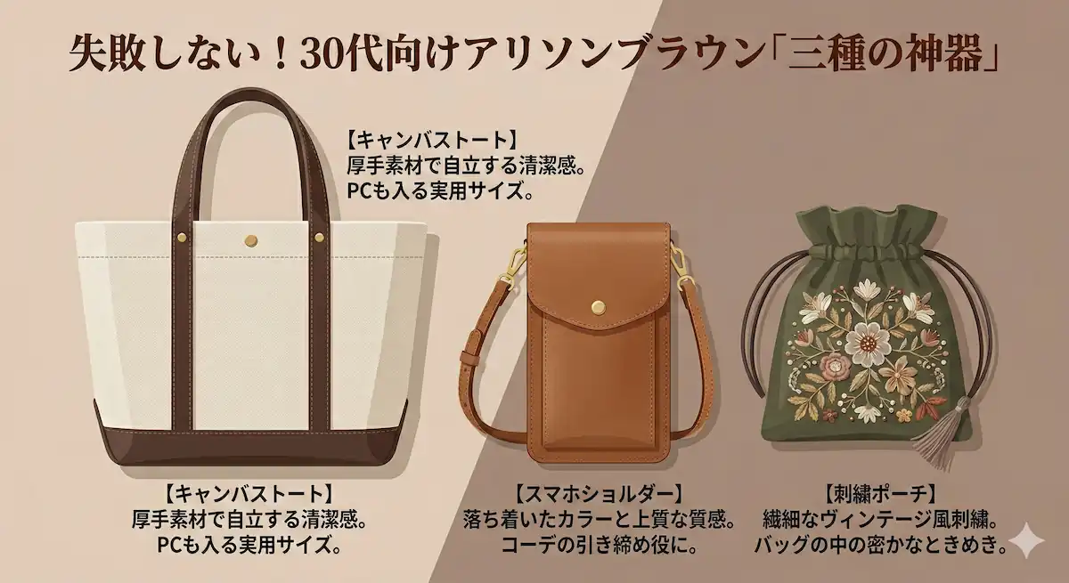 アリソンブラウンの30代向けおすすめアイテム3選（キャンバストート、スマホショルダー、刺繍ポーチ）とその高見えポイントの図解