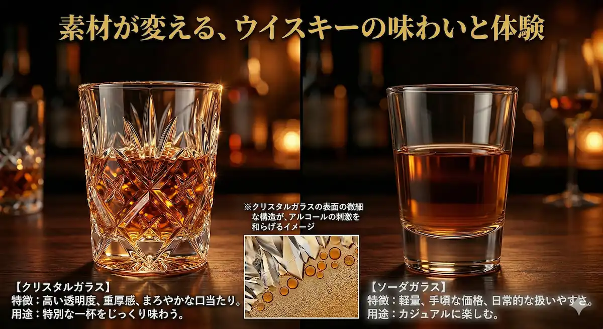 クリスタルガラスとソーダガラスの特徴と味わいの違いを示す比較図解