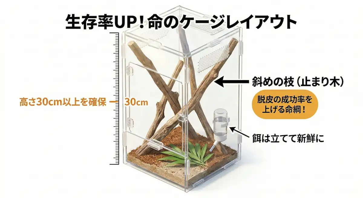 トノサマバッタの正しい飼育ケージのレイアウト図。高さのあるケージ、斜めの枝、立てた餌の配置。