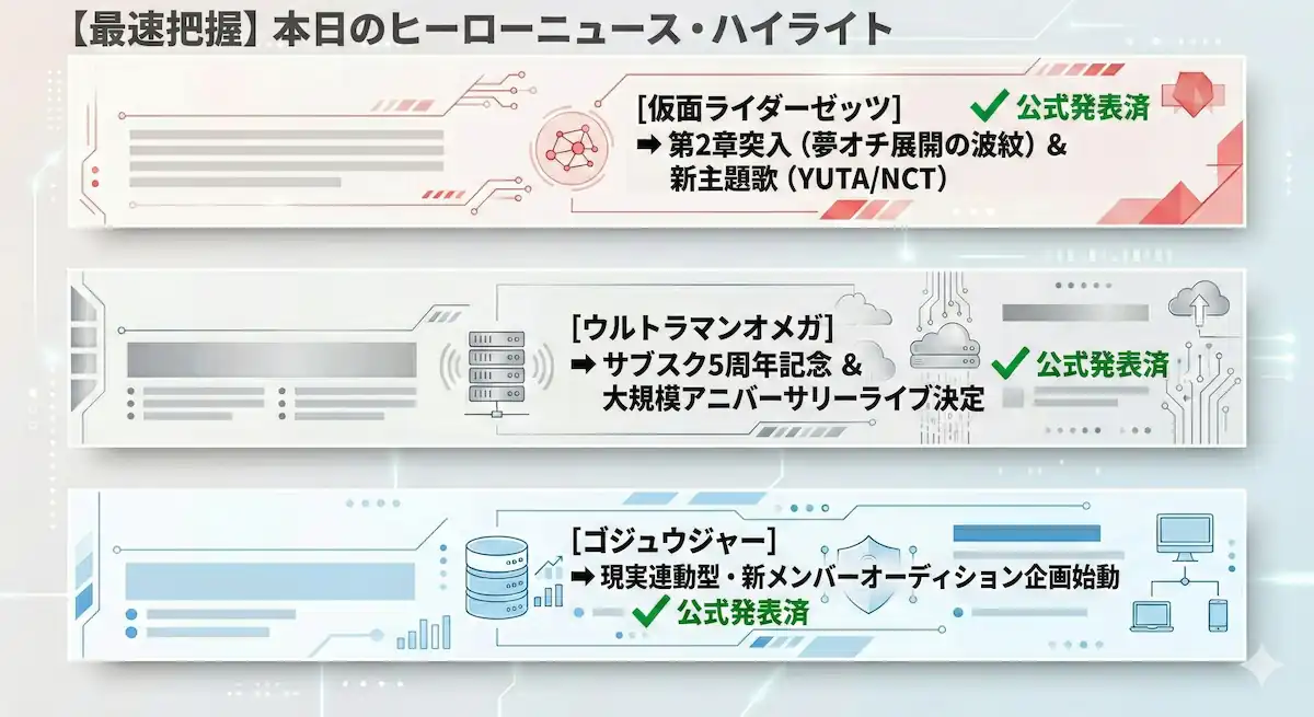【最速把握】本日のヒーローニュース・ハイライト 仮面ライダーゼッツ、ウルトラマンオメガ、ゴジュウジャーの本日発表された重大ニュースの要点をまとめた相関図。