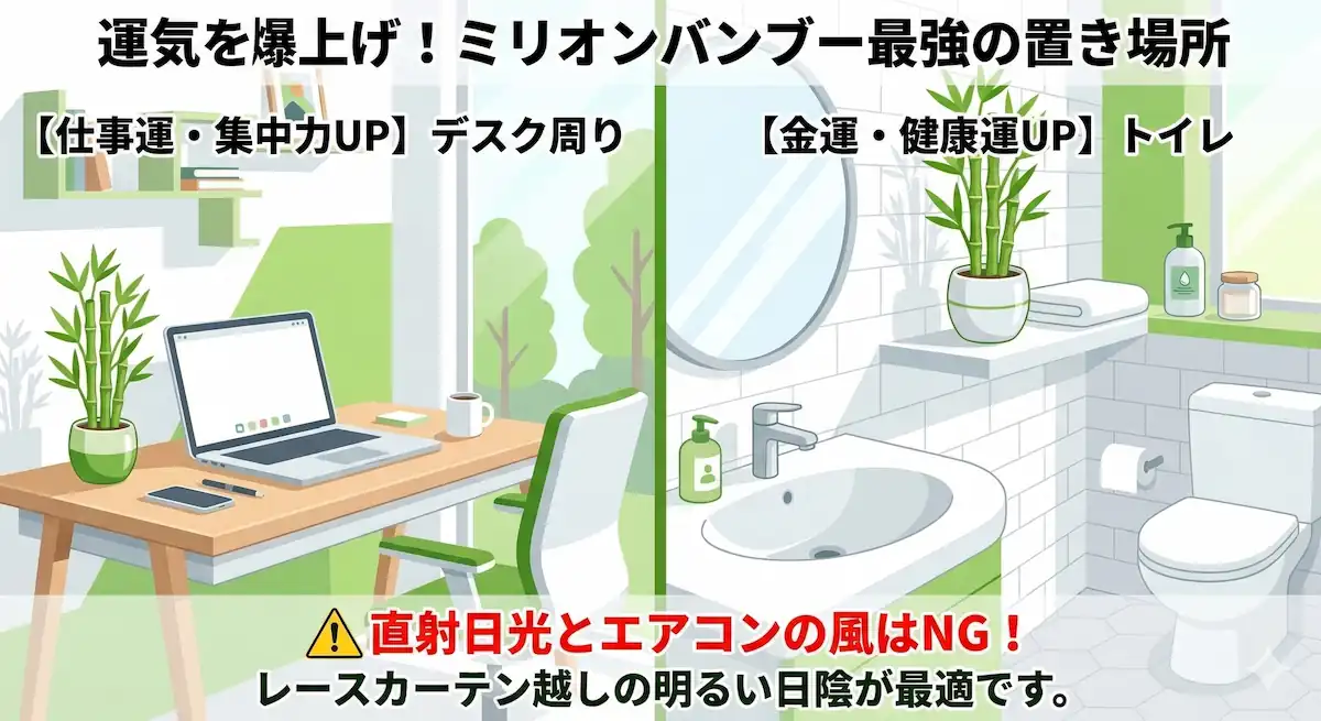 ミリオンバンブーの置き場所として、仕事運アップのデスク周りと、金運・健康運アップのトイレを図解したイラスト。直射日光とエアコンの風を避ける注意書きあり。