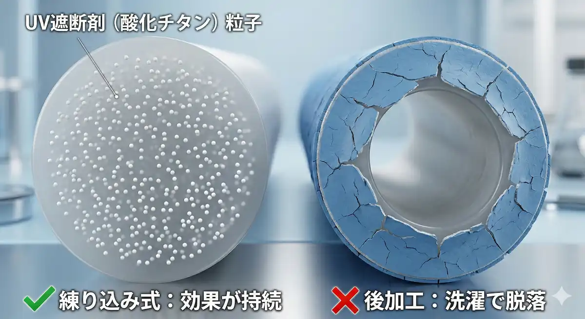 酸化チタン練り込み繊維 vs 後加工(コーティング) 酸化チタン練り込み繊維と後加工繊維の耐久性の違いを示す断面図。繊維内部に遮断剤を封じ込める「練り込み」が、洗濯による劣化を防ぎ、半永久的なUVカット効果をもたらすという原因と結果の論理関係を視覚化しています。