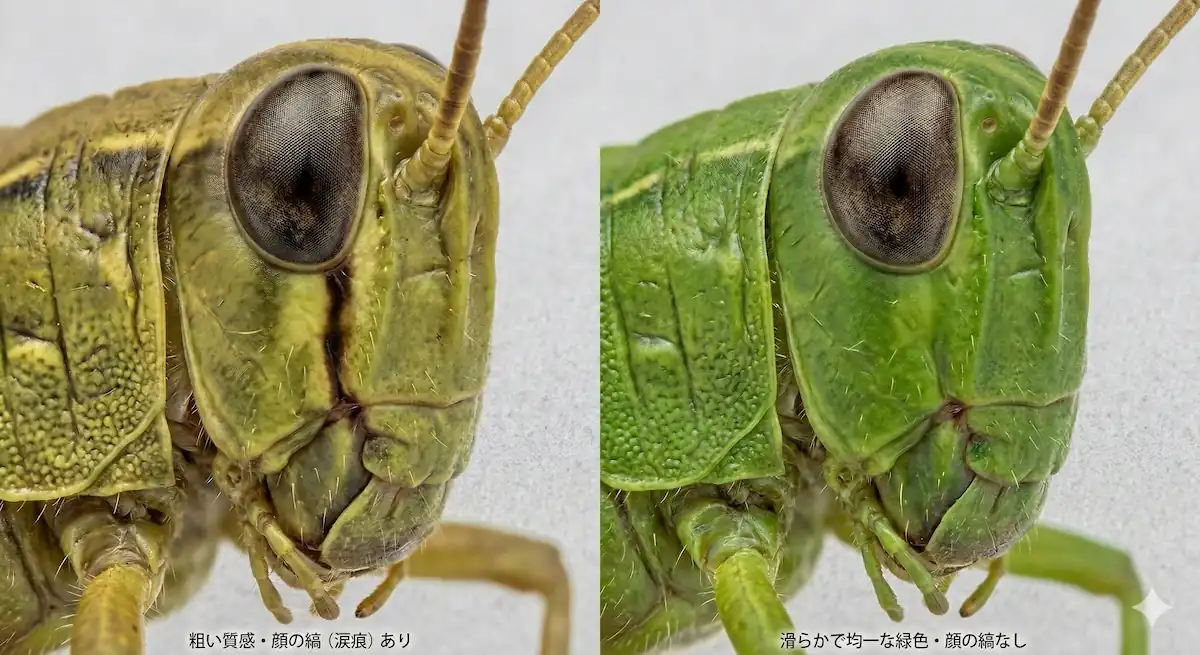 トノサマバッタとクルマバッタの顔の識別ポイント。複眼の下の黒い筋の有無を比較。