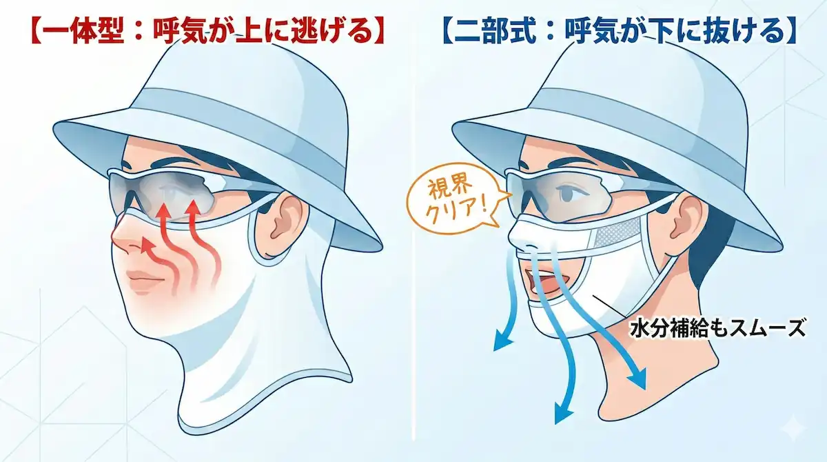 二部式構造による呼気の流れと曇り防止メカニズム フェイスカバーの一体型と二部式構造の比較図。二部式は呼気が下に抜けるためサングラスが曇らない仕組みを解説。