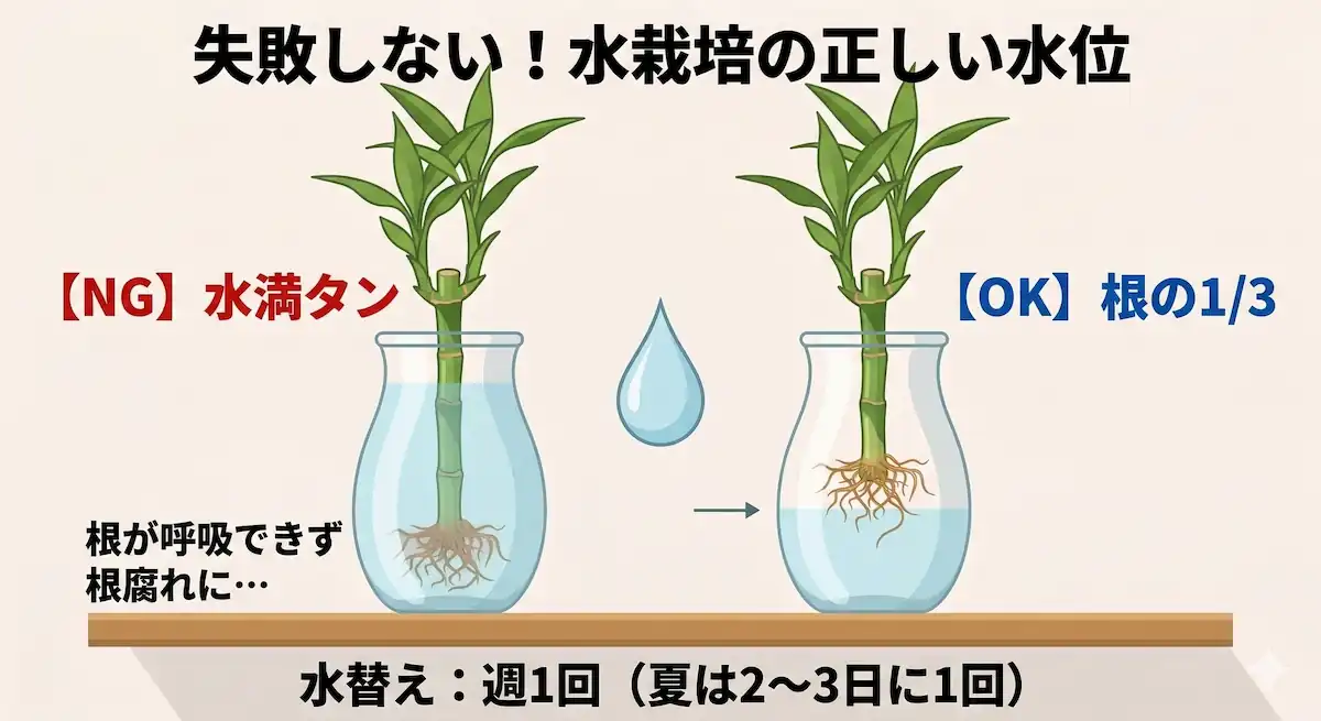 ミリオンバンブーの水栽培における水位の比較図。NG例は容器いっぱいの水で根腐れのリスクがあり、OK例は根の1/3の水位で呼吸ができている状態。