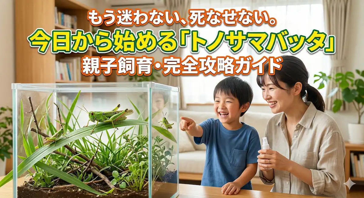 トノサマバッタの飼育方法について解説する記事のアイキャッチ画像